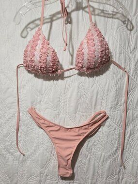 NEW Pink Ruffly Thong Bathing Suit Size L
